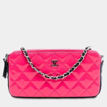 Pre Owned Chanel Black Pink Bicolor Patent Double Zip Wallet on Chain