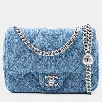 Pre Owned Chanel Blue Mini Quilted Denim Camellia Sweetheart Flap