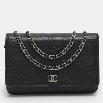 Pre Owned Chanel WOC Black Camellia Embossed Leather Clutch Bag