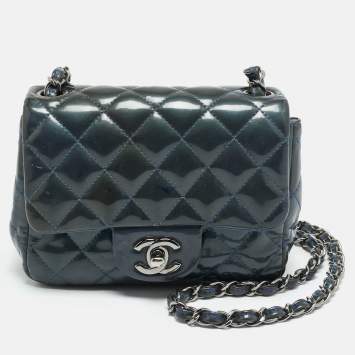 Pre Owned Chanel Square Classic Single Flap Mini Dark Teal Quilted Patent Leather Bag