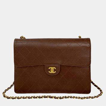 مملوكة مسبقًا Chanel Brown CC Jumbo Stitched Caviar Single Flap