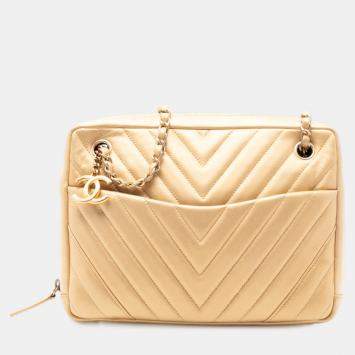 Pre Owned Chanel Gold CC Chevron Lambskin Camera Shoulder Bag