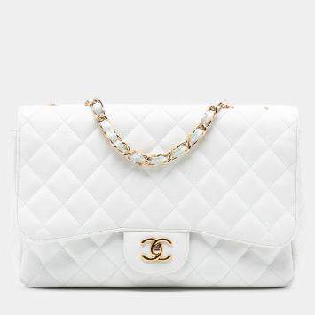 مملوكة مسبقًا حقيبة شانيل فلاب كبيرة مفردة من الجلد الأبيض كافيار كبير