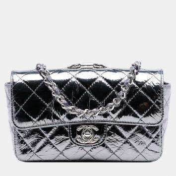 Pre Owned Chanel Silver Mini Quilted Metallic Calfskin Ring Top Handle Flap