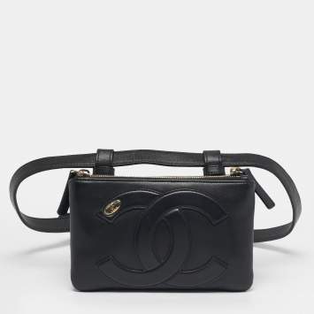Pre Owned Chanel CC Mania Double Zip Black Leather Waist Belt Bag