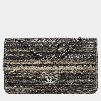 Pre Owned Chanel Matelasse Coco Mark Double Flap Chain Shoulder Bag Handbag In Black And Multicolored Tweed Leather
