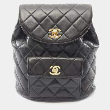 Pre Owned Chanel Matelasse Backpack Bag In Lambskin Leather Black