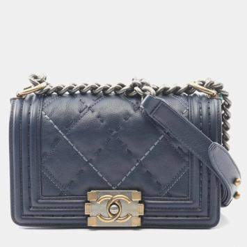 Pre Owned Chanel Boy Chanel Small Wild Stitch Shoulder Bag In Grained Calfskin Leather Navy