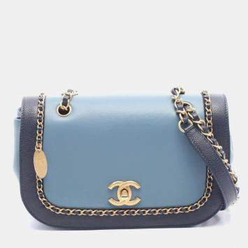 Pre Owned Chanel Chain Around Flap Bag Shoulder Leather Blue Navy