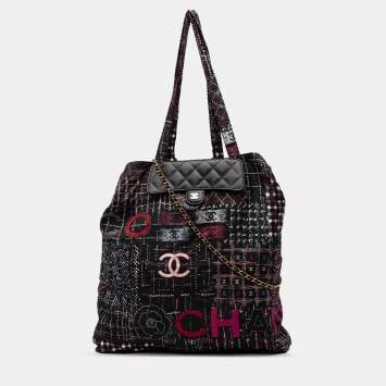 Pre Owned حقيبة تسوق قابلة للطي شانيل نايلون أسود جرافيتي مع رفرف كافيار