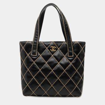 Pre Owned Chanel Black Small CC Quilted Calfskin Wild Stitch Tote