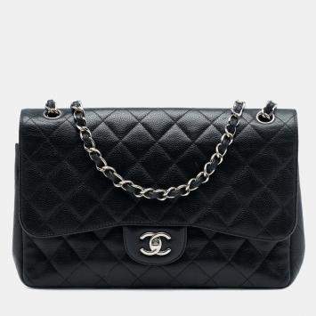 مملوكة مسبقًا حقيبة شانيل غطاء مزدوج كلاسيكي كافيار جامبو أسود