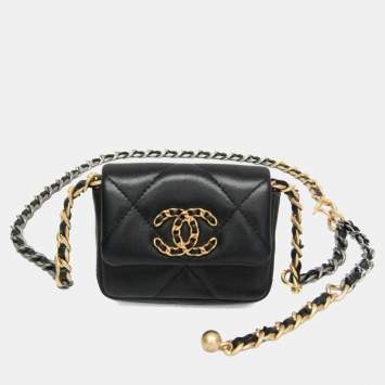 Pre Owned Chanel Chanel 19 Chain Belt Bag Leather Fanny Pack Black