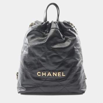 Pre Owned Chanel Chanel 22 Small Black Leather Backpack 