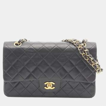 Pre Owned Chanel Matelasse Double Flap Shoulder Bag In Lambskin Leather Black