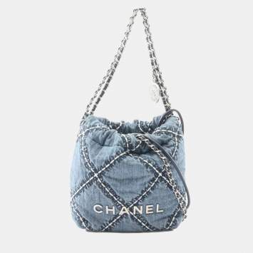 Pre Owned Chanel 22 Mini Shoulder Bag Denim And Leather Blue