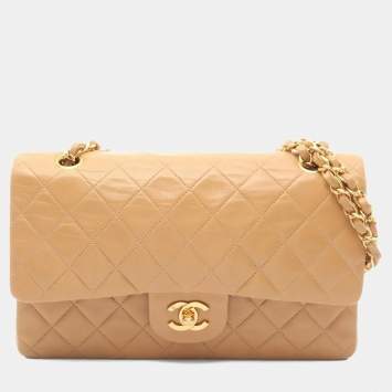 Pre Owned Chanel Matelasse Double Flap Shoulder Bag In Lambskin Sheepskin Beige