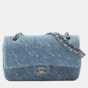 Pre Owned Chanel Coco Mark Blue Denim Double Flap Shoulder Bag 