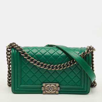 Pre Owned Chanel Boy Medium Green Quilted Leather Flap Bag