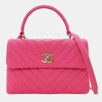 Pre Owned Chanel Pink Small Chevron Jersey Trendy CC Top Handle Flap