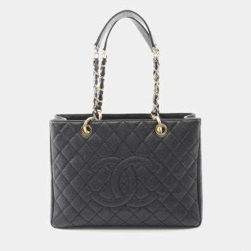 Pre Owned Chanel Matelasse Grand Shopping Gst Tote Bag In Grained Calfskin Caviar Black
