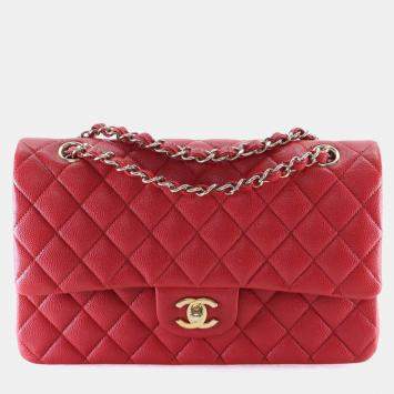 Pre Owned حقيبة شانيل متوسطة حمراء كافيار كلاسيكية بفلاب مزدوج