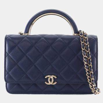 مملوكة مسبقًا Chanel Navy Blue Lambskin Top Handle Wallet On Chain (WOC)