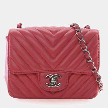 Pre Owned Chanel Mini Pink Lambskin Chevron Square Classic Flap Bag