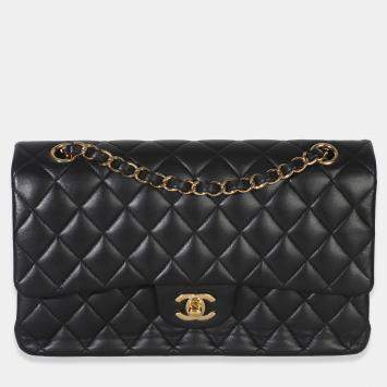 Pre Owned Chanel Black Quilted Lambskin Medium Classic Double Flap Handbag