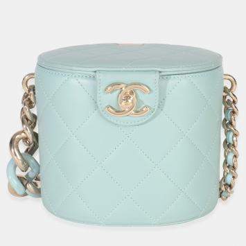 Pre Owned حقيبة شانيلا فانيتي ريسن أنيقة لامبسكين مبطنة زرقاء فاتحة