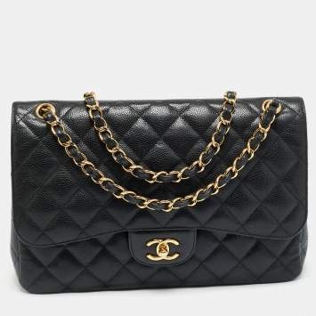 Pre Owned Chanel Classic Double Flap Jumbo Black Quilted Caviar Leather Bag