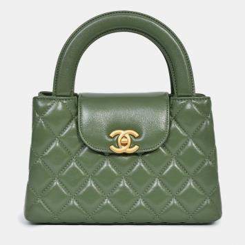 Pre Owned Chanel Green Lambskin Mini Kelly Shopper Tote