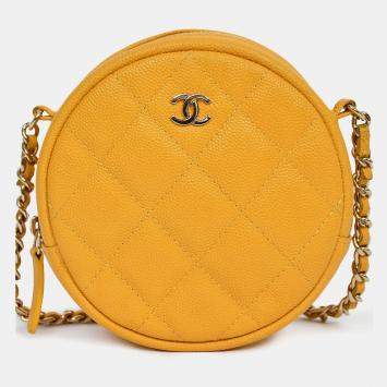 Pre Owned Chanel 2018-19 Yellow Caviar Leather Round Chain Bag