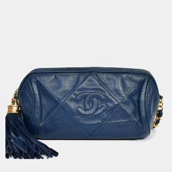 Pre Owned Chanel 1986-88 Navy Lambskin Leather Tassel CC Mini Barrel Bag Mini GHW
