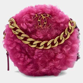 Pre Owned Chanel Pink Shearling 19 round mini crossbody bag