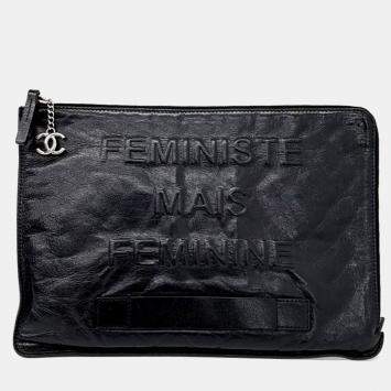 Pre Owned حقيبة شانيل كلاتش جلد أسود كبيرة