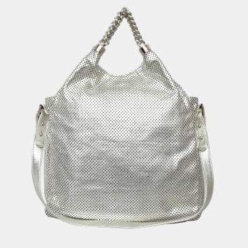 Pre Owned Chanel Roddeo Drive Medium Silver Leather Hobo Perforated Bag