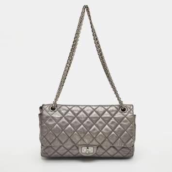 Pre Owned Chanel Classic 226 Reissue 2.55 Grey Quilted Aged Leather Double Flap Bag