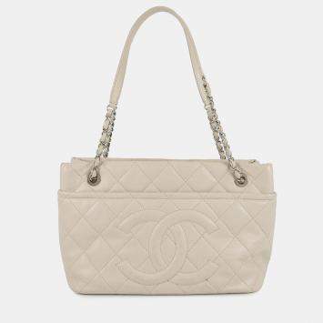 Pre Owned Chanel Matelasse Chaintote Bag Ivory Caviar Leather