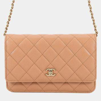 Pre Owned محفظة بسلسلة شانيل جلد كافيار بني كلاسيكي