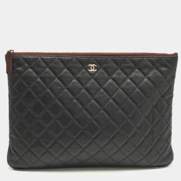 Pre Owned Chanel O Case Large Black Quilted Caviar Leather Zip Pouch Clutch