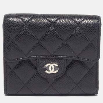 Pre Owned Chanel Classic Small Black Quilted Caviar Leather Flap Wallet