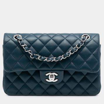 Pre Owned Chanel Blue Small Classic Lambskin Double Flap