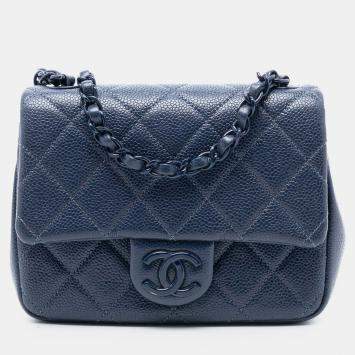 Pre Owned Chanel Blue Mini Square Caviar Incognito Flap