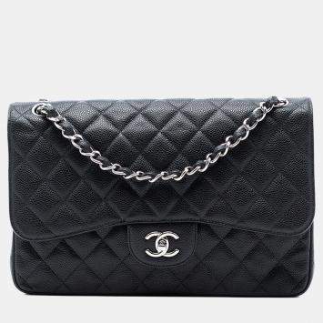مملوكة مسبقًا حقيبة شانيل جامبو كلاسيك كافيار سوداء بفلايت مزدوجة