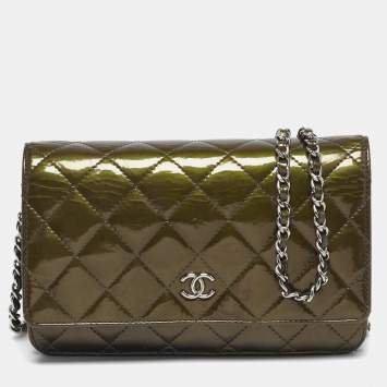 Pre Owned Chanel Classic WOC Olive Green Quilted Patent Leather Bag