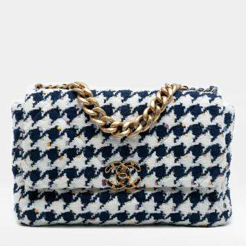 Pre Owned Chanel Blue, White Large Houndstooth Tweed 19 Flap