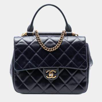 Pre Owned Chanel Blue Medium Quilted Glazed Calfskin Gold Bar Top Handle Flap