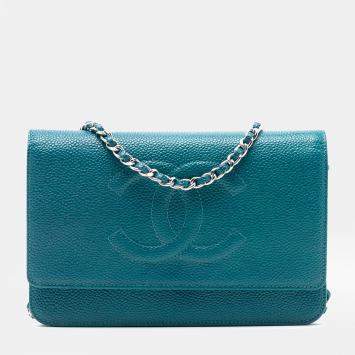 مملوكة مسبقًا محفظة شنطة سلسلة شانيل زرقاء كافيار CC
