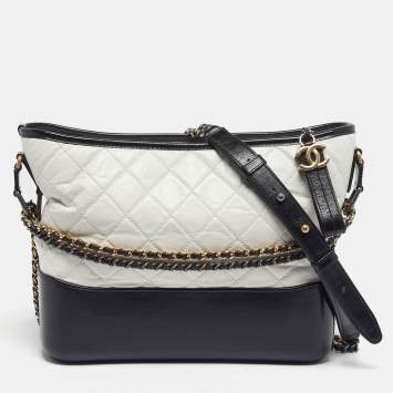 Pre Owned Chanel Gabrielle Medium White/Black Quilted Aged Leather Hobo